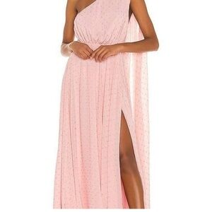 MICHAEL COSTELLO X REVOLVE Pink Chiffon with Gold One Shoulder Goddess Gown M